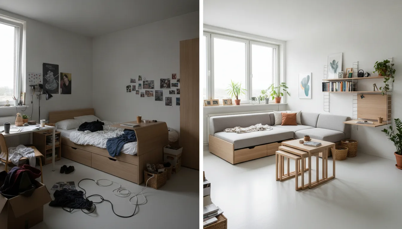 Comparing a cluttered room vs. a minimalist room with multi-functional furniture